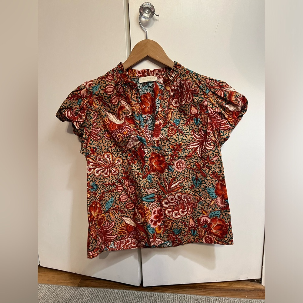 Ulla Johnson Floral Ruffle Silk Blouse in Red, Teal, Cream